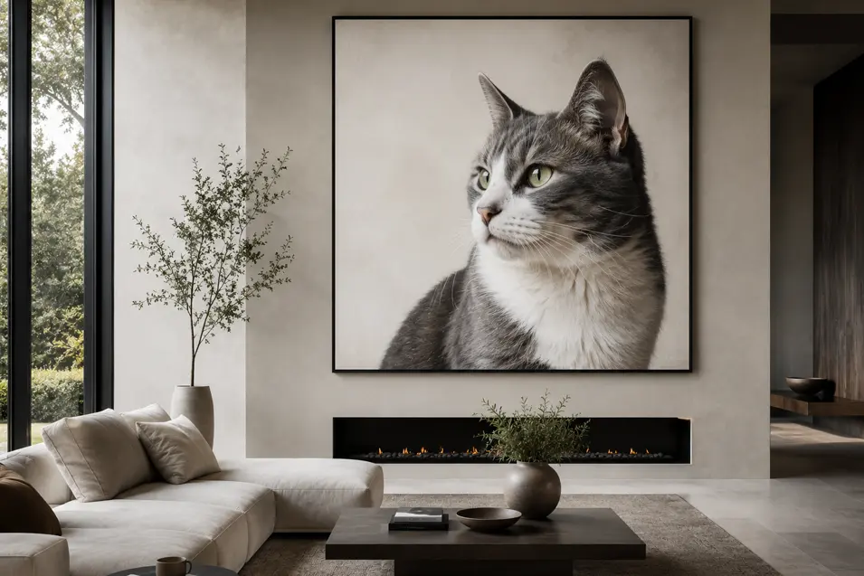 Photorealistic minimalist living room featuring an oversized cat portrait, neutral tones, sleek fireplace, and elegant contemporary design.