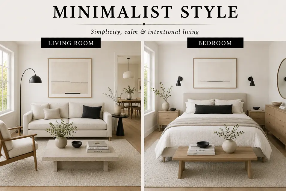 Minimalist style interior showcase featuring a serene living room and bedroom with clean lines, neutral tones, uncluttered spaces and understated elegance.