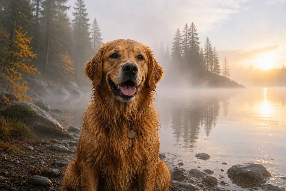 Happy Golden Retriever with wet fur sitting beside a misty lake at sunrise, surrounded by evergreens and warm golden light after the rain.