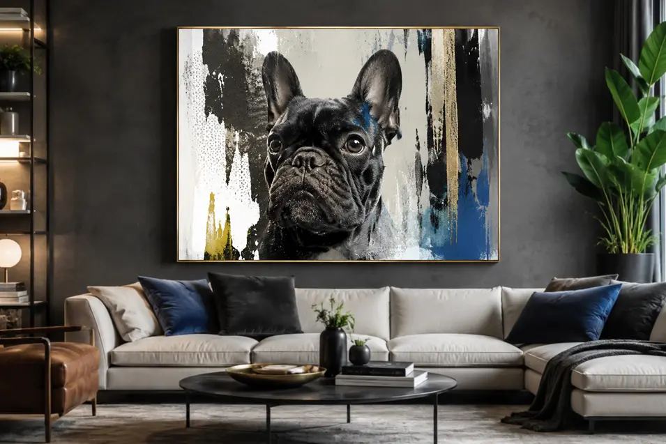 Modern luxury living room featuring a mixed-media French bulldog portrait, layered textures, metallic accents, and contemporary artistic style.