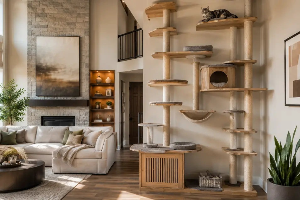 Elegant floor-to-ceiling cat tree integrated into a modern living room, featuring multiple platforms and scratching posts with a cat resting on top.