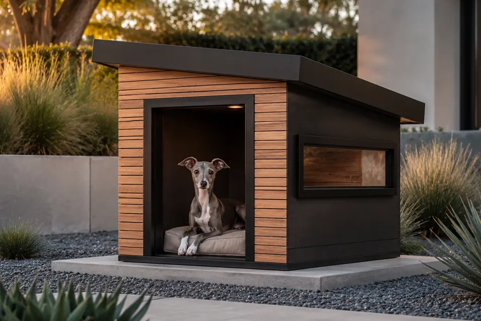 Modern luxury dog house with a sleek sloped roof, cedar accents, and picture window, featuring a relaxed Italian Greyhound on a cozy bed in a landscaped yard.