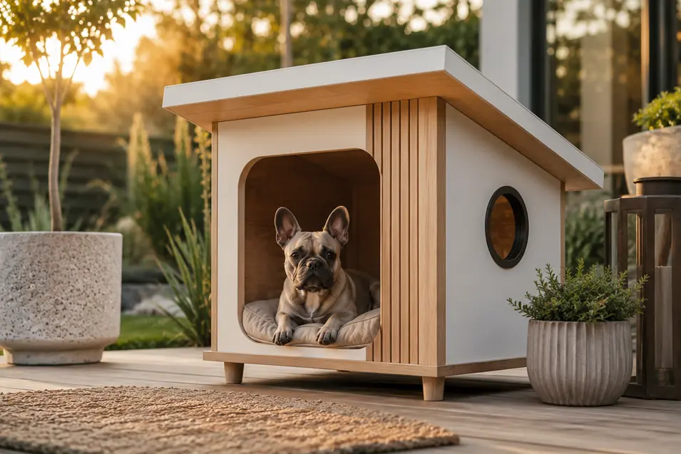 Modern Scandinavian-inspired dog house with clean lines, natural wood accents, and a cozy interior, featuring a relaxed French Bulldog at golden hour.