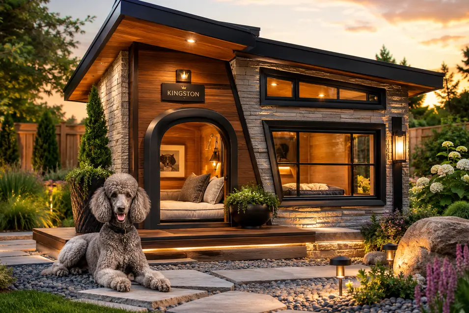 Luxury modern dog house with stone and cedar finishes, dramatic sloped roof, cozy lighting, and a regal Standard Poodle relaxing in the landscaped backyard.