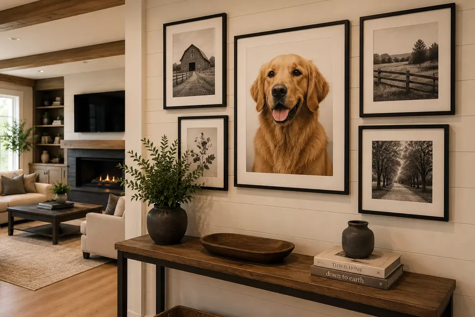 Modern farmhouse gallery wall with oversized pet portrait, framed black-and-white photography, rustic wood console table, and a glimpse of the cozy living room.