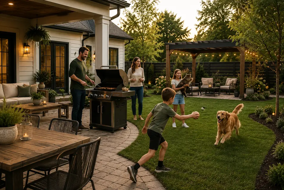 Modern farmhouse backyard with covered patio, outdoor seating, open lawn, pet-safe landscaping, dad grilling, boy playing fetch, and girl holding a Maine Coon cat.