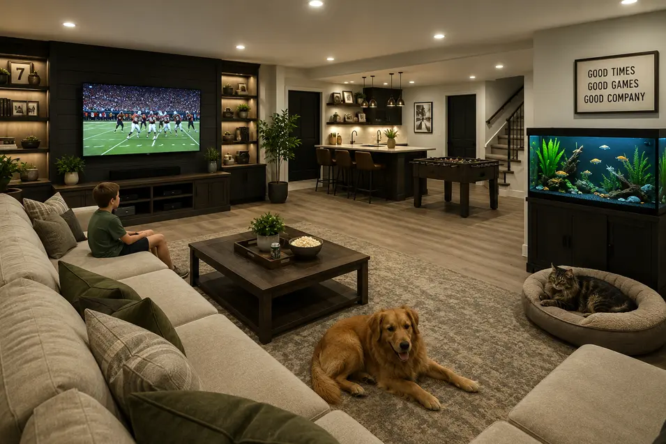 Modern farmhouse basement with sectional seating, entertainment area, built-in storage, large aquarium, boy watching TV, and golden retriever resting on the rug.