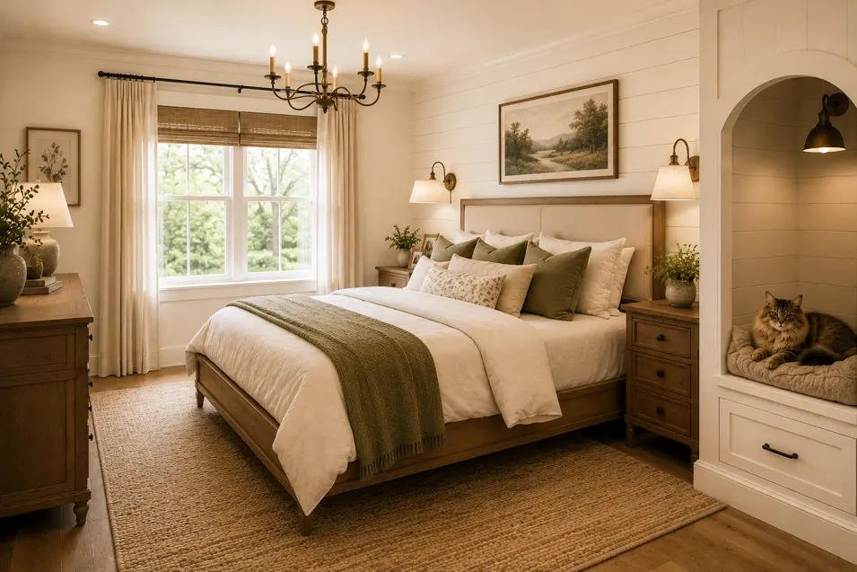 Modern farmhouse master bedroom with layered bedding, natural wood furniture, vintage lighting, soft neutral tones, and a built-in Maine Coon cat nook.