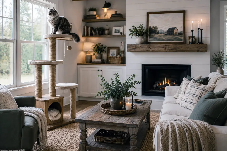 Modern farmhouse living room with a tall cat tree by a sunlit window, where a long-haired tabby cat lounges above cozy rustic furniture and a fireplace.
