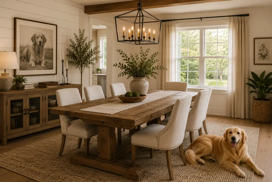 Modern farmhouse dining room with a large wood table, upholstered chairs, statement chandelier, pet artwork, natural textures, and a golden retriever.