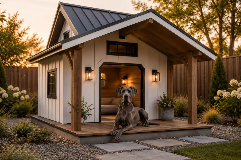 Modern farmhouse dog house with board-and-batten siding, timber porch, metal roof, and warm lighting, featuring a majestic Great Dane at golden hour.