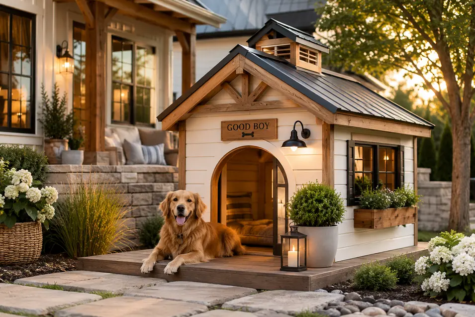 Luxury modern farmhouse dog house with cedar accents, black metal roof, cozy lighting, and landscaped surroundings beside a happy Golden Retriever.