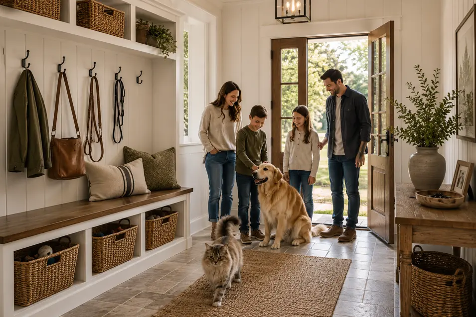 Modern farmhouse entryway with built-in bench storage, shiplap walls, woven baskets, golden retriever, Maine Coon cat, and family by the front door.