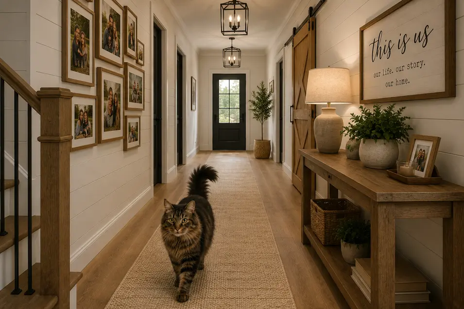 Modern farmhouse hallway with luxury vinyl plank flooring, shiplap walls, family photos, rustic wood console table, and a Maine Coon cat walking toward the camera.