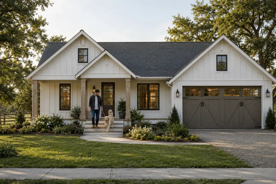 Modern farmhouse exterior with a man and golden retriever on the front steps, landscaped yard, white board-and-batten siding, and attached garage.