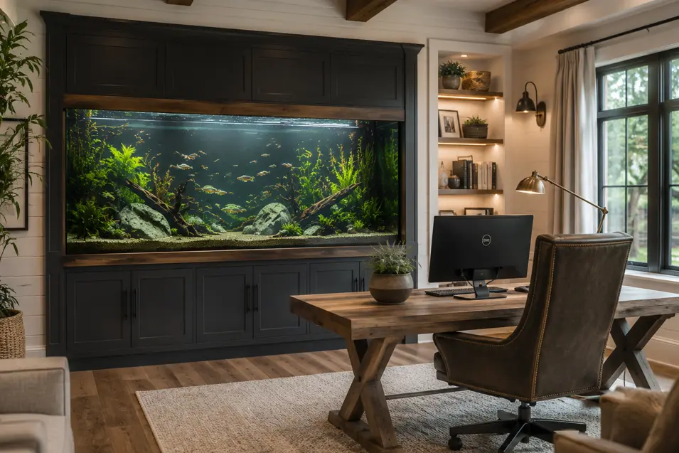 Modern farmhouse home office with a large built-in aquarium as the focal point, featuring rustic wood furniture, dark cabinetry and abundant natural light.