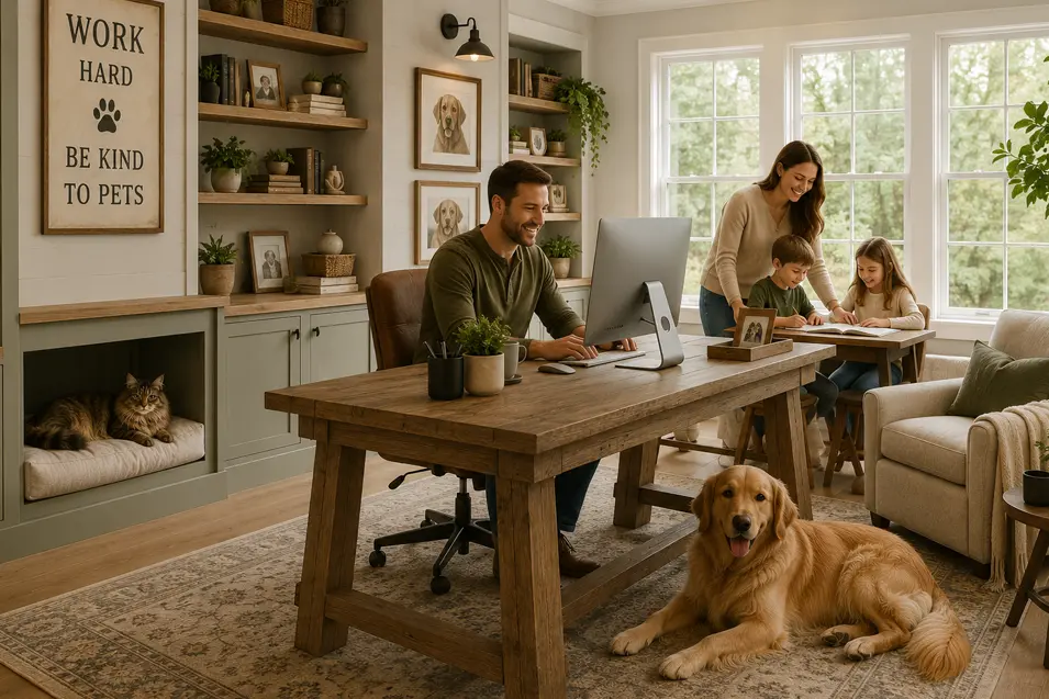 Modern farmhouse home office with a rustic wood desk, man working at a computer, golden retriever by the desk, Maine Coon cat in a built-in pet bed, and large windows.