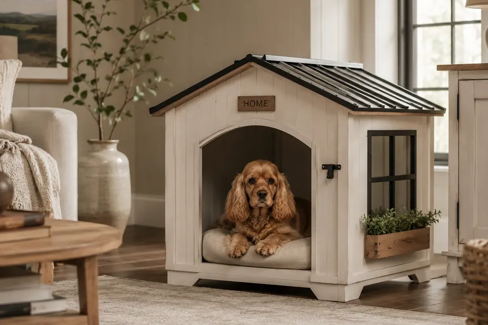 Modern farmhouse indoor dog house with white shiplap, black metal roof, window box, and cozy cushion, featuring a relaxed Cocker Spaniel.