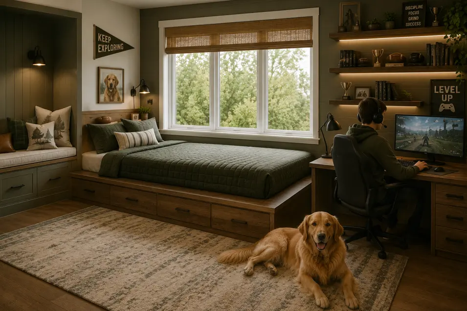 Modern farmhouse boys bedroom with a platform bed, built-in reading nook, gaming desk, warm wood finishes, washable rug, and a golden retriever resting nearby.