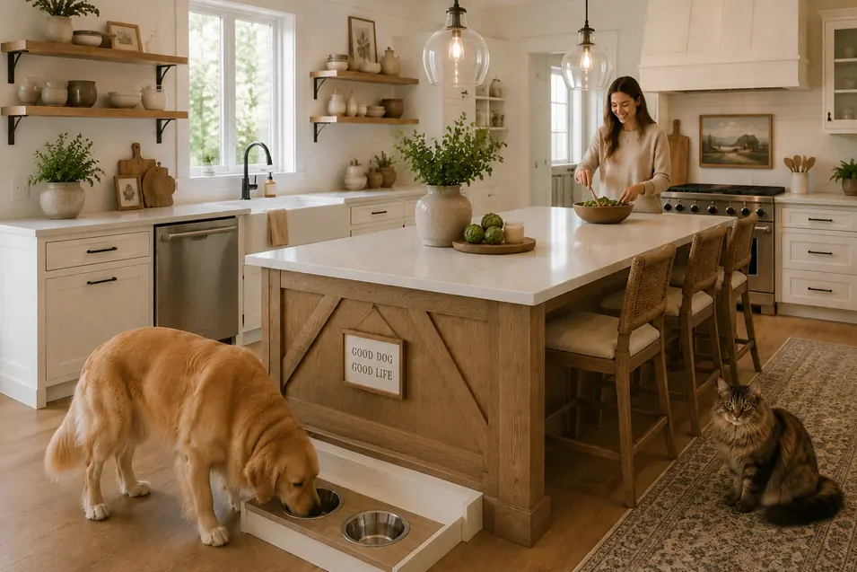 Modern farmhouse kitchen with a woman cooking at a large island, golden retriever at a built-in feeding station, Maine Coon cat, open shelving, and warm wood accents.