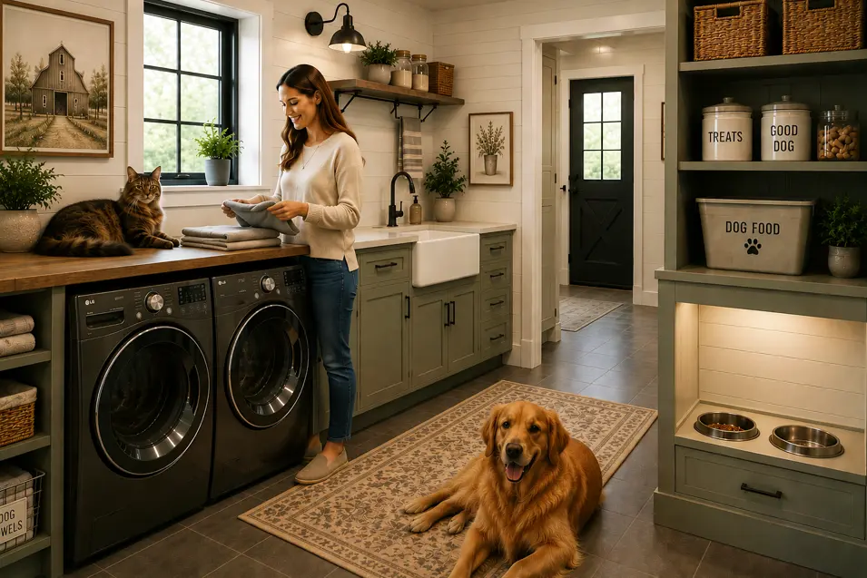 Modern farmhouse laundry room with farmhouse cabinetry, utility sink, built-in pet feeding station, Maine Coon cat on the counter, woman folding laundry, and golden retriever on the floor.