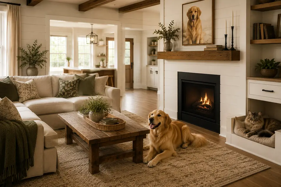 Bright modern farmhouse living room with a golden retriever and Maine Coon cat, slipcovered sofa, shiplap fireplace, built-in pet bed, and rustic wood accents.