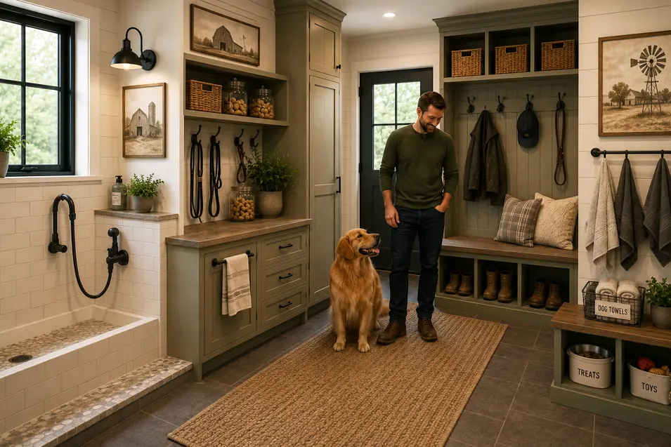 Modern farmhouse mudroom with a walk-in dog wash, built-in cubbies, bench seating, farmhouse artwork, boot storage, and a man with his golden retriever.