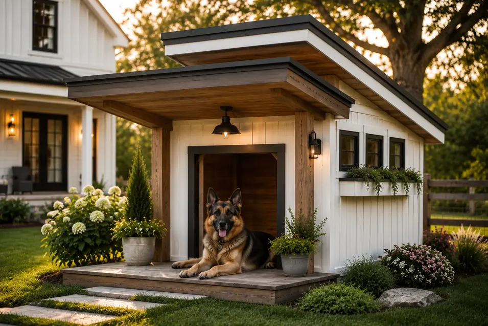 Charming farmhouse dog house with a loyal German Shepherd, rustic timber accents, inviting front porch, and beautifully landscaped country-style backyard.