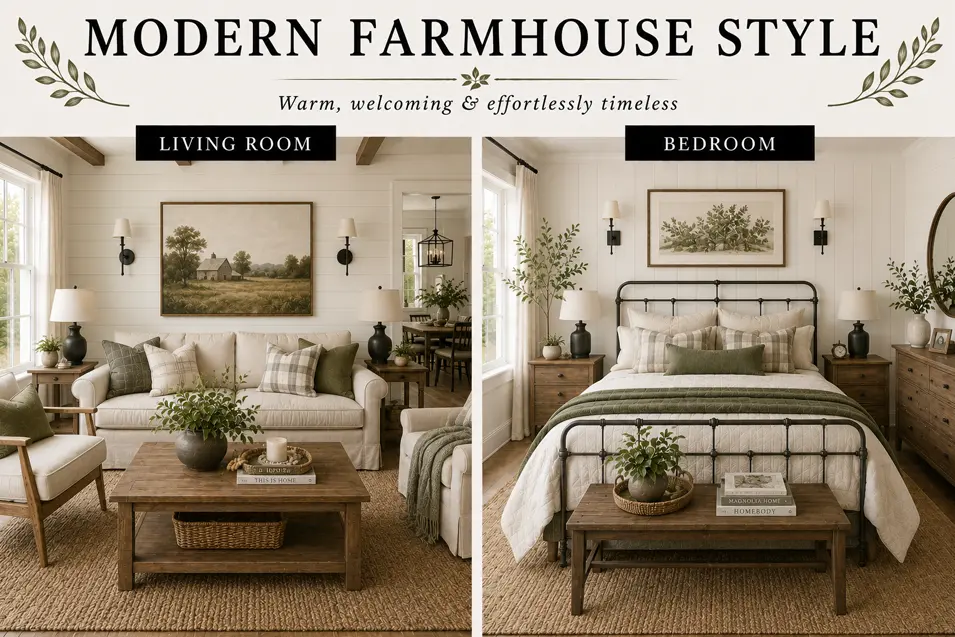 Modern Farmhouse style interior showcase featuring a bright living room and bedroom with rustic wood accents, clean lines, neutral tones and cozy comfort.
