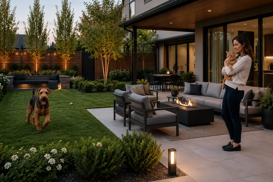 Modern backyard with patio seating, fire table, landscaped lawn, an Airedale Terrier at play, and a woman holding an orange tabby cat.
