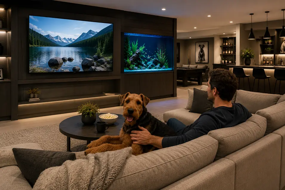 Modern basement lounge with a large TV, built-in aquarium, sectional sofa, and an Airedale Terrier relaxing beside a man in a cozy entertainment space.