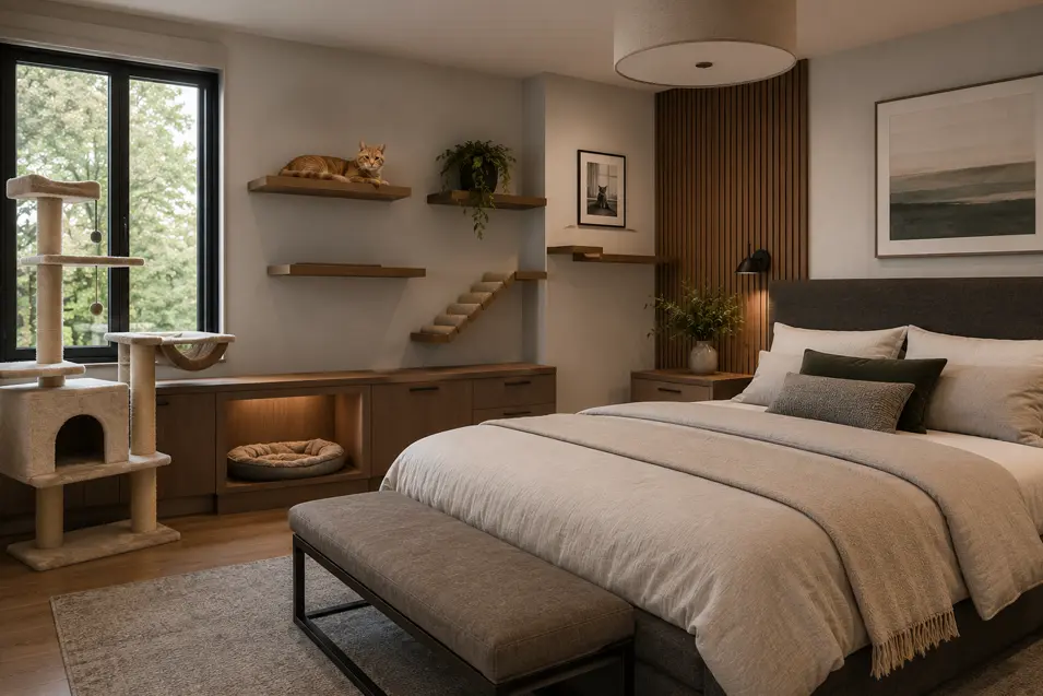 Modern bedroom with floating cat shelves, built-in cat nook, cat tree, and an orange tabby relaxing above a stylish bed in a pet-friendly space.