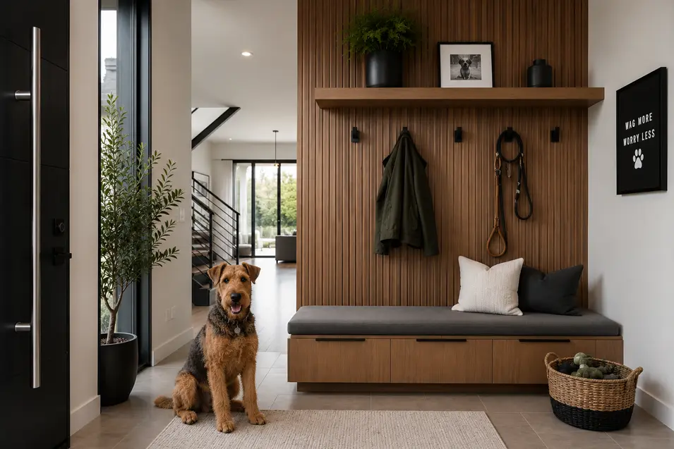 Modern entryway with built-in leash station, wood slat wall, storage bench, and an Airedale Terrier welcoming guests in a bright pet-friendly home.