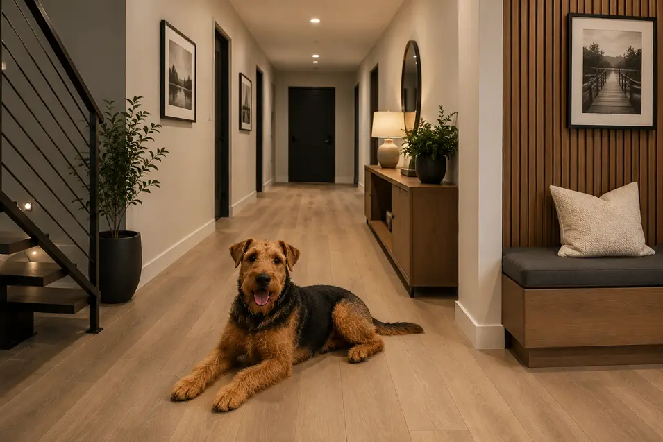 Modern hallway with durable LVP flooring, warm wood accents, and an Airedale Terrier relaxing comfortably in a stylish pet-friendly home.