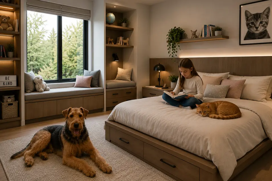 Modern kids' bedroom with a young girl reading on a platform bed, an orange cat resting beside her, and an Airedale Terrier relaxing on a rug.