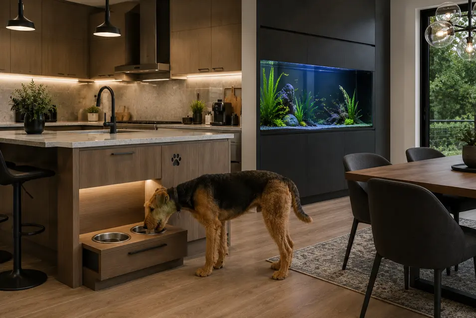 Modern kitchen with built-in pet feeding station, large aquarium, dining table, and an Airedale Terrier drinking water in a stylish pet-friendly home.
