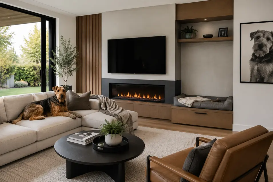 Modern living room with an Airedale Terrier relaxing on a sectional sofa, built-in dog bed, fireplace, designer furnishings, and oversized dog artwork.