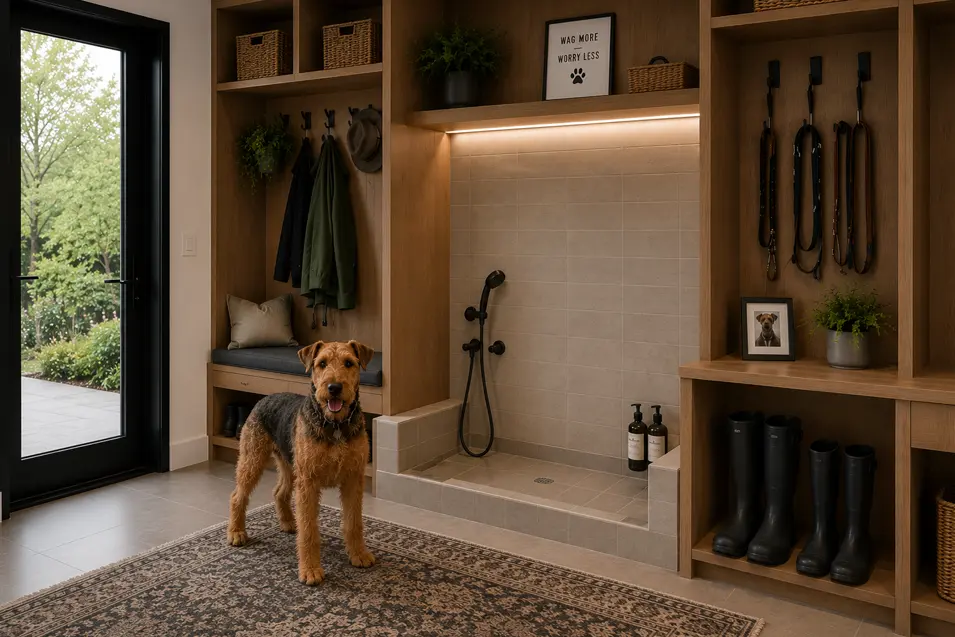 Modern mudroom with a walk-in dog wash station, built-in storage for leashes, boots and coats, and an Airedale Terrier in a stylish pet-friendly space.