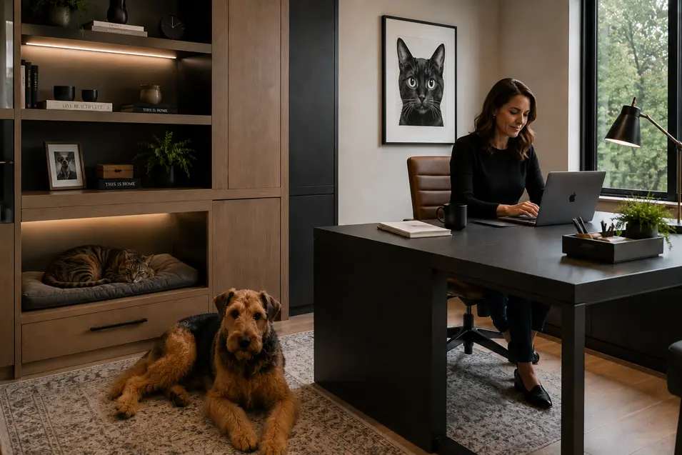 Modern home office with a woman working at a desk, an Airedale Terrier resting on a rug, and a tabby cat sleeping in a built-in pet bed.
