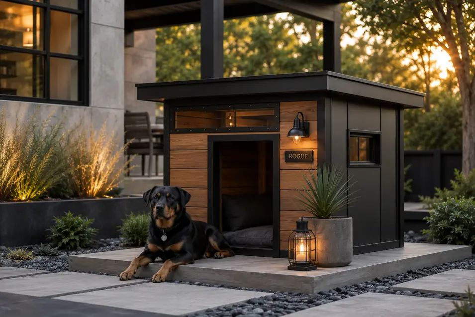 Luxury modern industrial dog house with cedar, black steel accents, clean lines, and a landscaped backyard glowing in golden hour light.