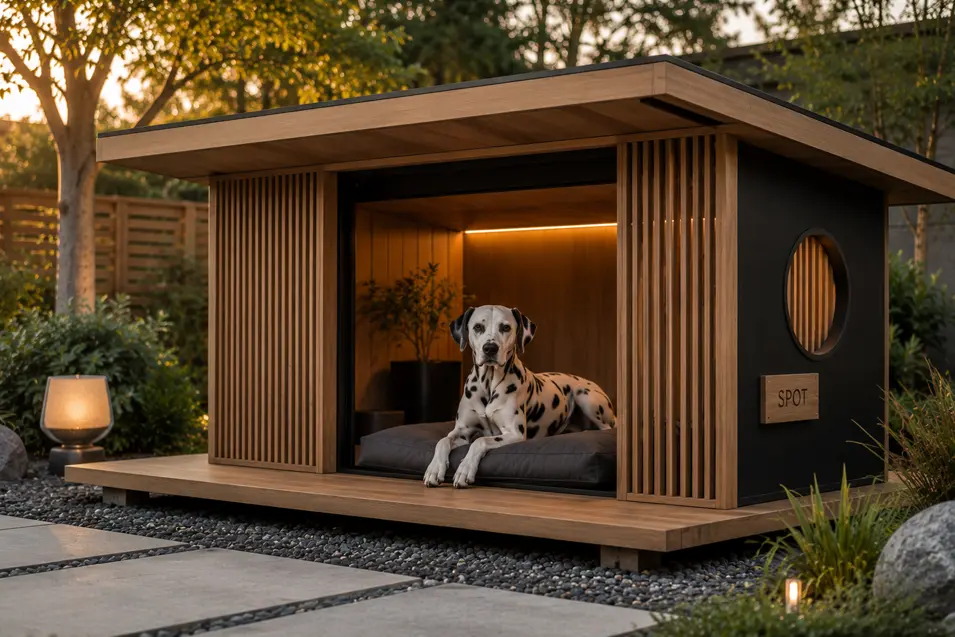 Luxury modern dog house with warm wood slats, sleek black accents, ambient lighting, and a spacious deck, featuring a relaxed Dalmatian at golden hour.