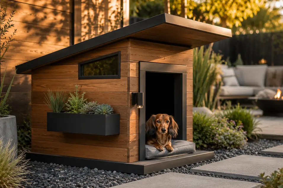 Modern mini luxury dog house with warm cedar, sleek black accents, a sloped roof, and built-in planter, designed for small dogs in a stylish backyard.