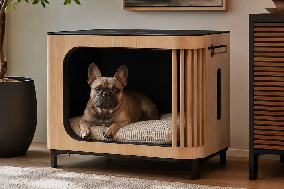 Modern oak indoor dog house with rounded entry, slatted details and plush cushion, featuring a relaxed French Bulldog in a bright luxury living room.