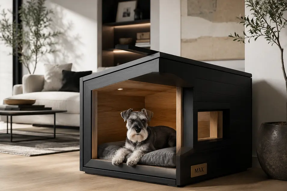 Modern black indoor dog house with warm wood accents and cozy bedding, featuring a relaxed Miniature Schnauzer in a stylish contemporary living room.