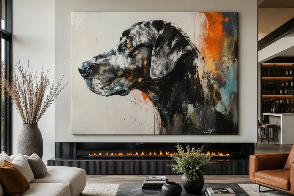 Photorealistic modern living room with a dramatic oversized dog portrait, sleek fireplace, warm leather accents, and luxury contemporary styling.