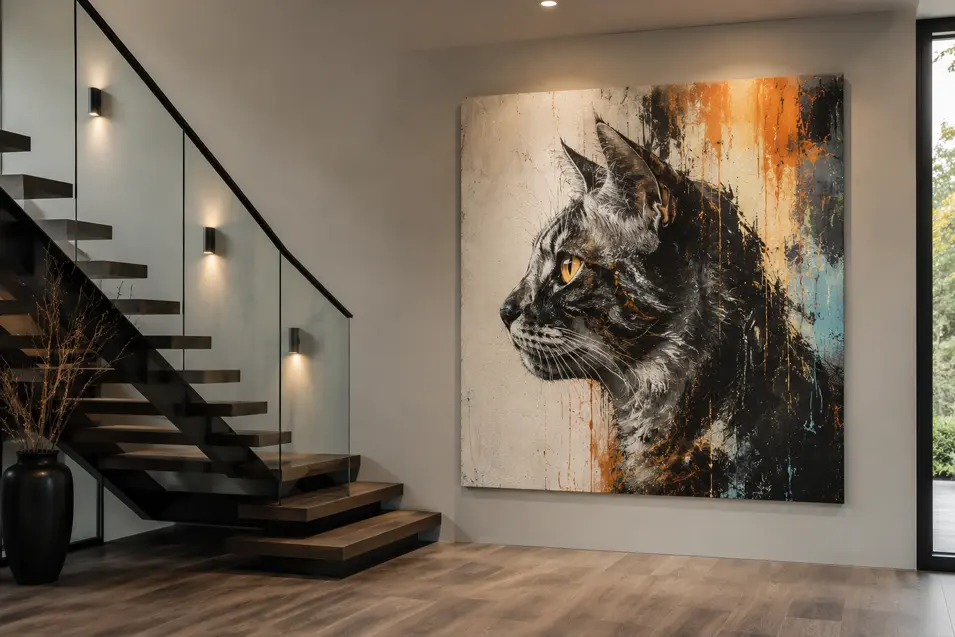 Photorealistic floating staircase with an oversized modern cat portrait, warm wood tones, glass railings, and luxury contemporary design.