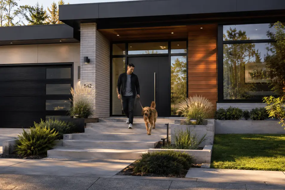 Man and dog walking down the front steps of a modern luxury home with wood accents, large windows, and landscaped gardens in warm evening light.