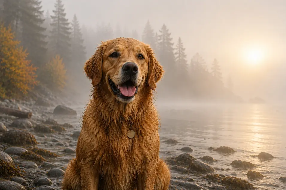 Happy Golden Retriever with wet fur sitting on a rocky lakeshore at sunrise, surrounded by mist, calm water, and glowing golden light.