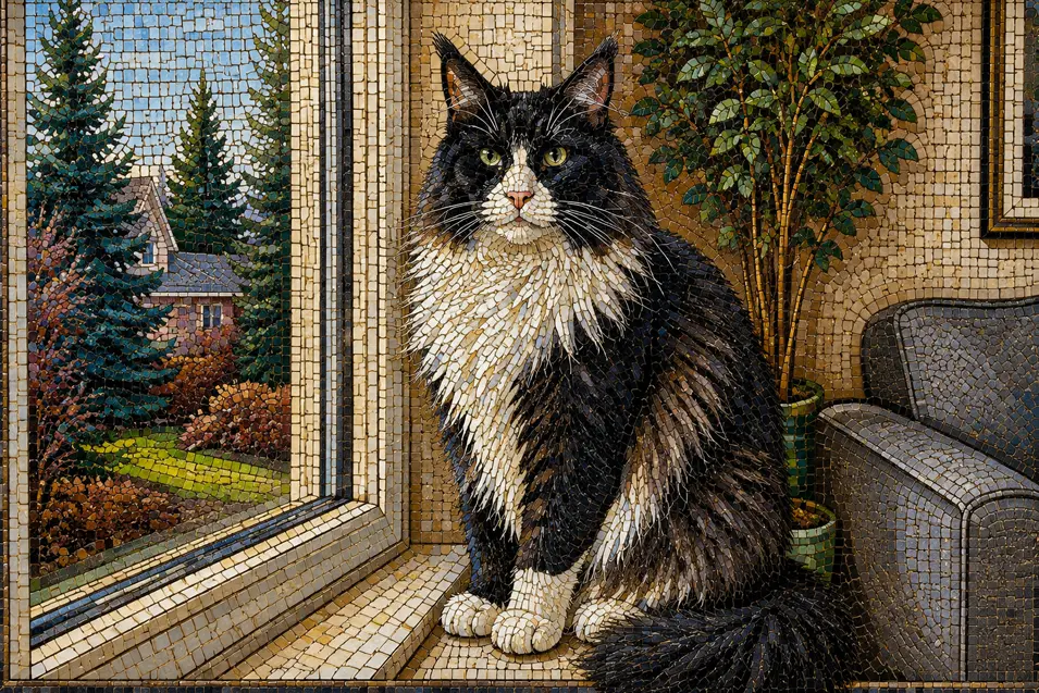 Black-and-white Maine Coon recreated as an intricate ceramic and stone mosaic, with thousands of colorful tiles forming a museum-quality masterpiece.