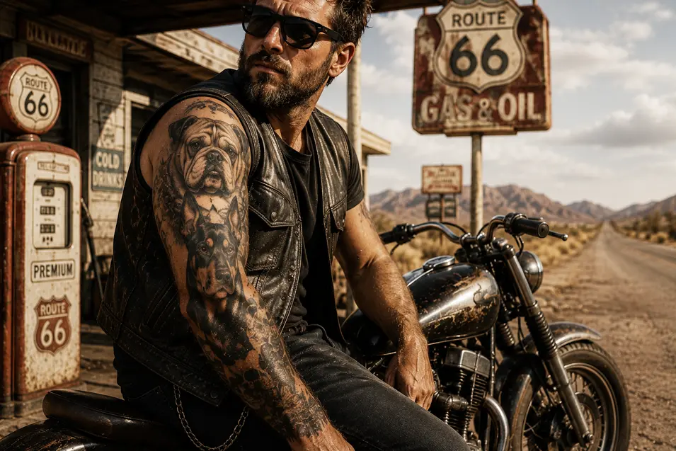 Biker with a bold dog sleeve tattoo rides a vintage motorcycle beside a Route 66 gas station under dramatic desert skies.